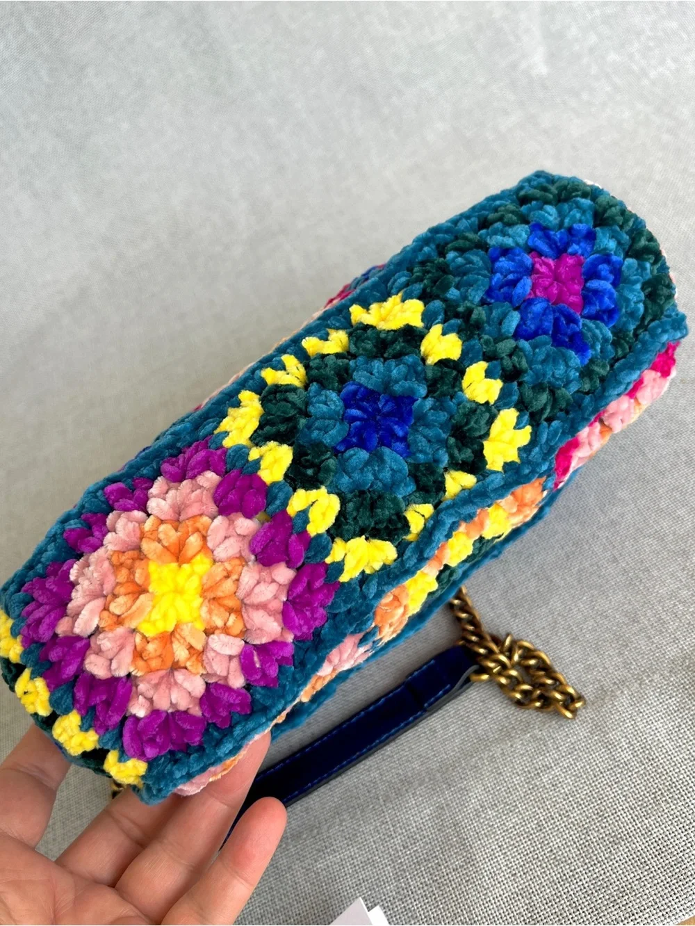 Kurt Geiger Boho Chenille Crochet Patchwork crossbody bag teal, pink yellow blue